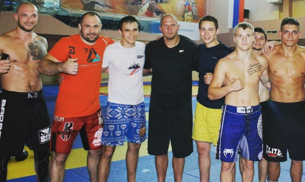 Fedor Emelyanenko with other fighters on the first day of training camps in Stary Oskol